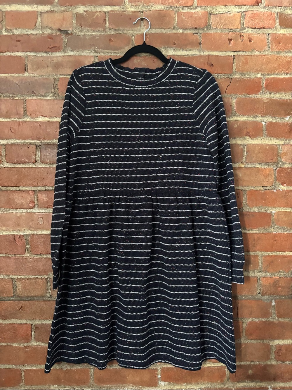 LOFT - Women’s Navy and White Striped Long-Sleeve Knit Dress with Silver Shimmer